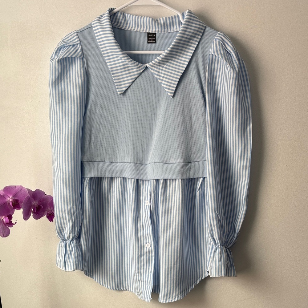 SHEIN Light Blue & White Striped Collared Top